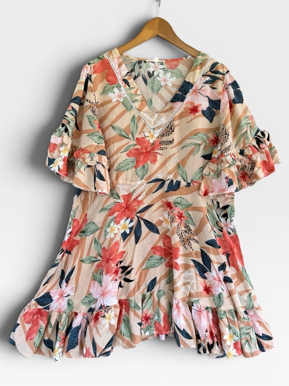 Floral V-Neck Ruffle Hem Dress - Peach Floral